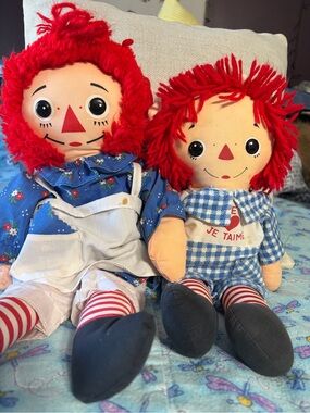 Vintage Raggedy Anne and Andy Red Hair Plush Doll - Pair (Blue Outfits)